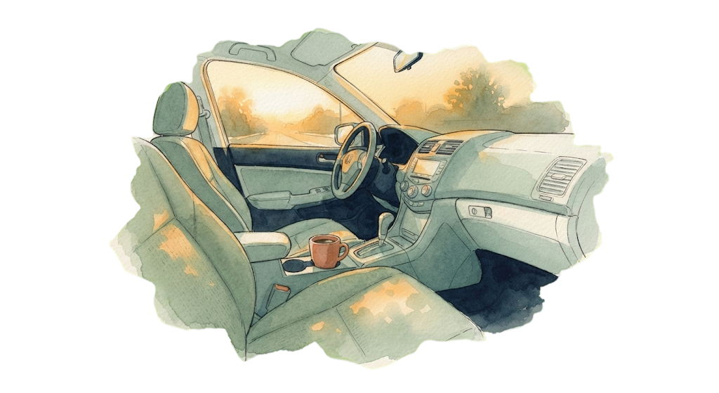 A watercolour illustration of a sunlit car interior — dashboard, steering wheel, and a warm cup resting in the console.