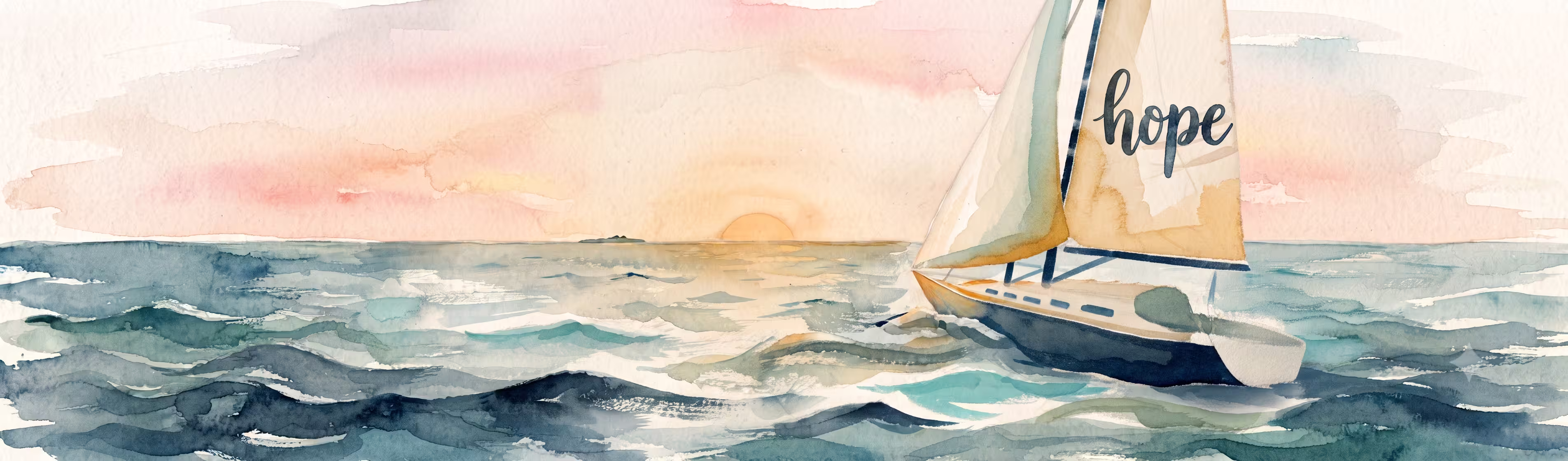 A watercolour illustration — a sailboat with a sail reading "hope" cuts through waves toward a sunset horizon.