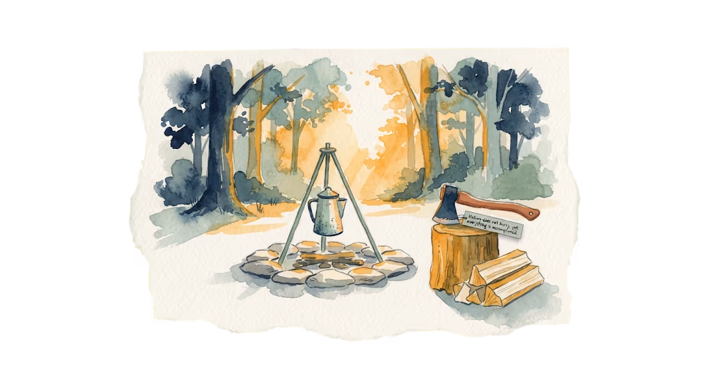 A watercolour illustration — a campfire tripod and a stacked woodpile in a quiet forest clearing, an axe resting on a stump beside a handwritten note.