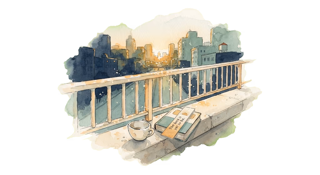 A watercolour illustration — a coffee and a book on a railing overlooking a soft city skyline at morning.