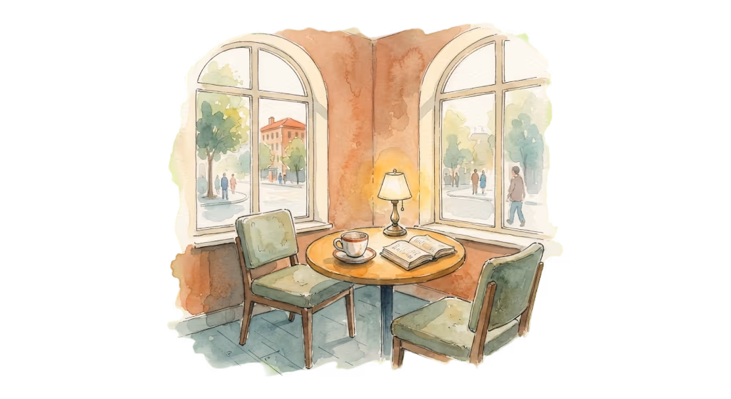 A watercolour illustration — a quiet nook with two armchairs and a small table by arched windows.