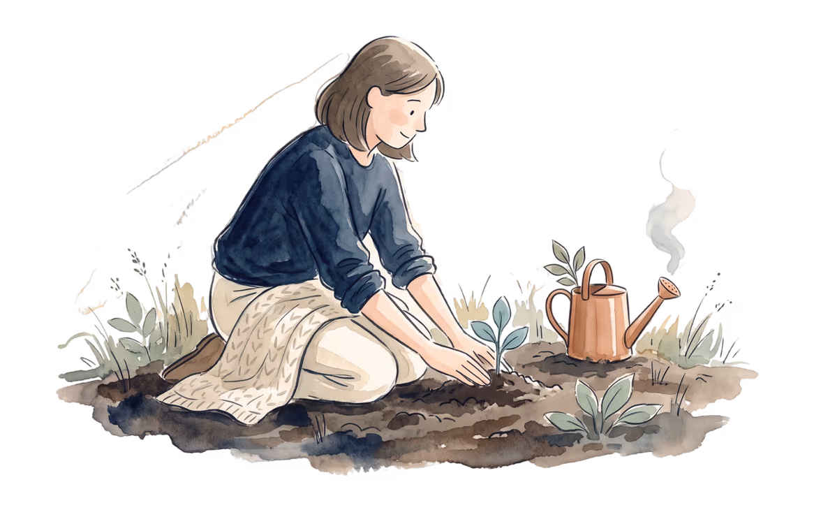 A watercolour illustration — a person kneels in a garden bed, planting a seedling, a copper watering can beside them.