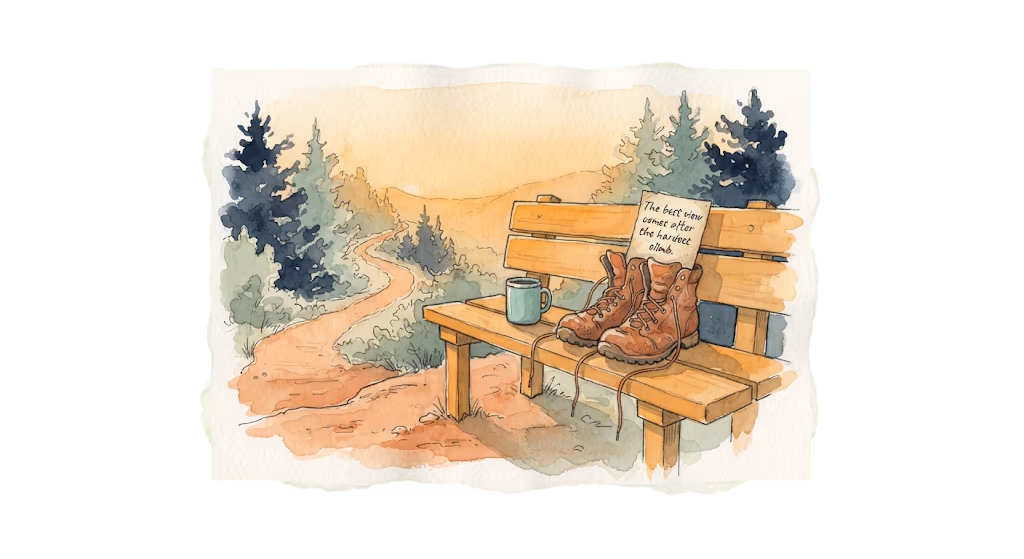 A watercolour illustration — a wooden bench on a hillside trail at sunset, a pair of boots resting on it.