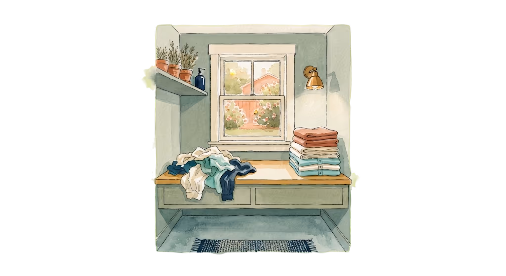 A watercolour illustration — a sunlit laundry room, an unfolded pile beside neatly folded stacks on a counter by a garden window.