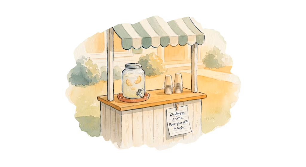 A watercolour illustration — a little lemonade stand with a striped awning and a welcome sign under summer trees.