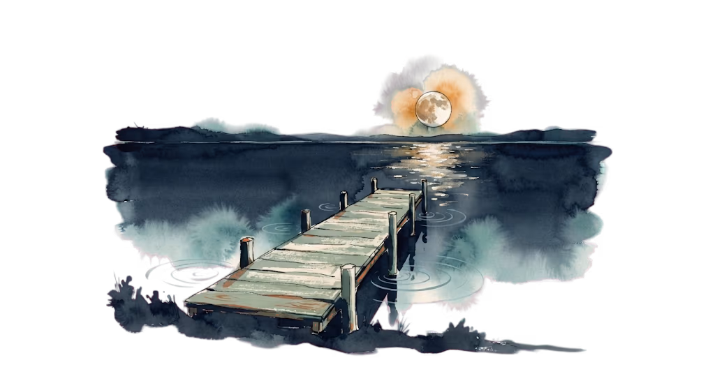 A watercolour illustration — a wooden dock reaching into a still lake at night, a full moon and its soft reflection on the dark water.