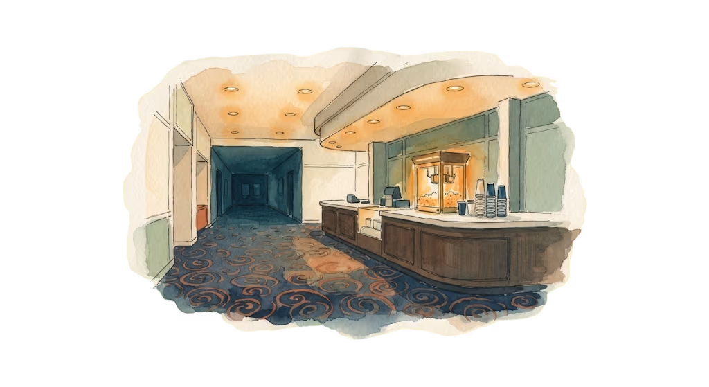 A watercolour illustration — a softly lit theater lobby, a concession counter with neatly stacked cups beside a patterned carpet.