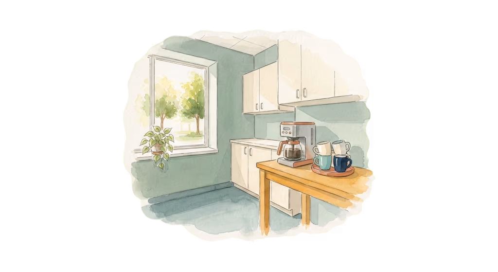 A watercolour illustration — a quiet office kitchenette, a coffee maker and two mugs on a wooden table by a sunlit window.