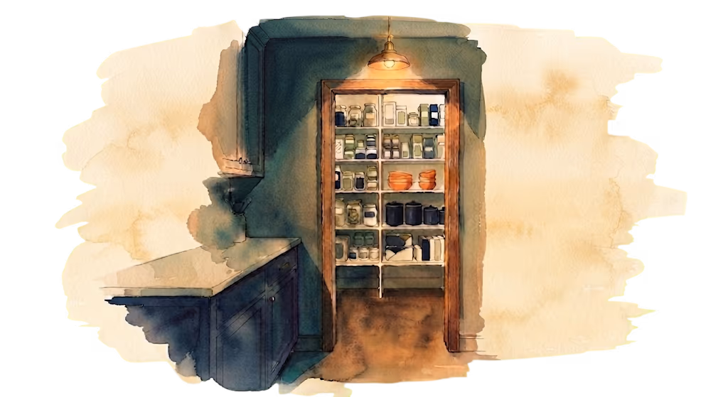 A watercolour illustration — a warm-lit pantry at night, shelves of jars glowing under a single hanging lamp.