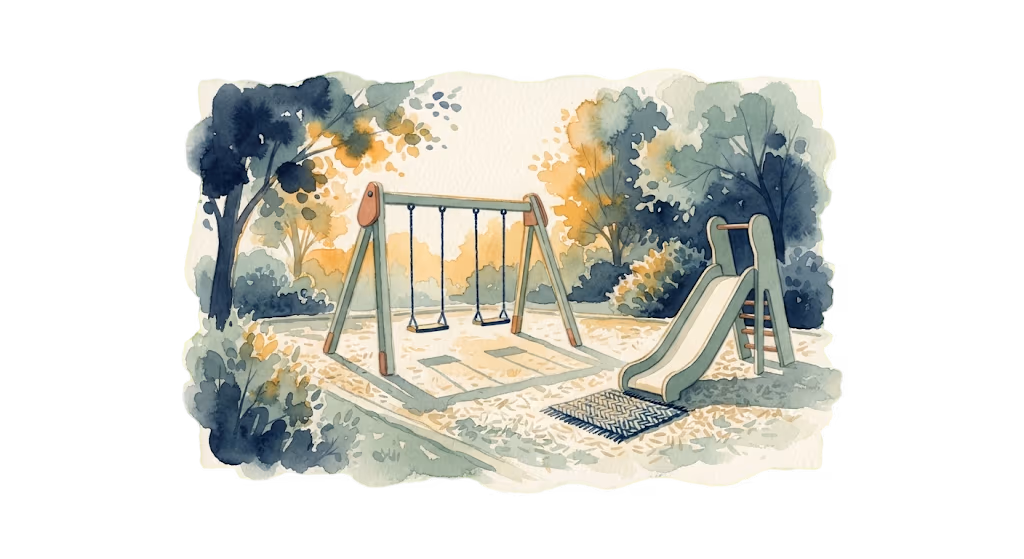 A watercolour illustration — an empty swing set and slide in a park clearing, golden light through the trees at the end of the day.