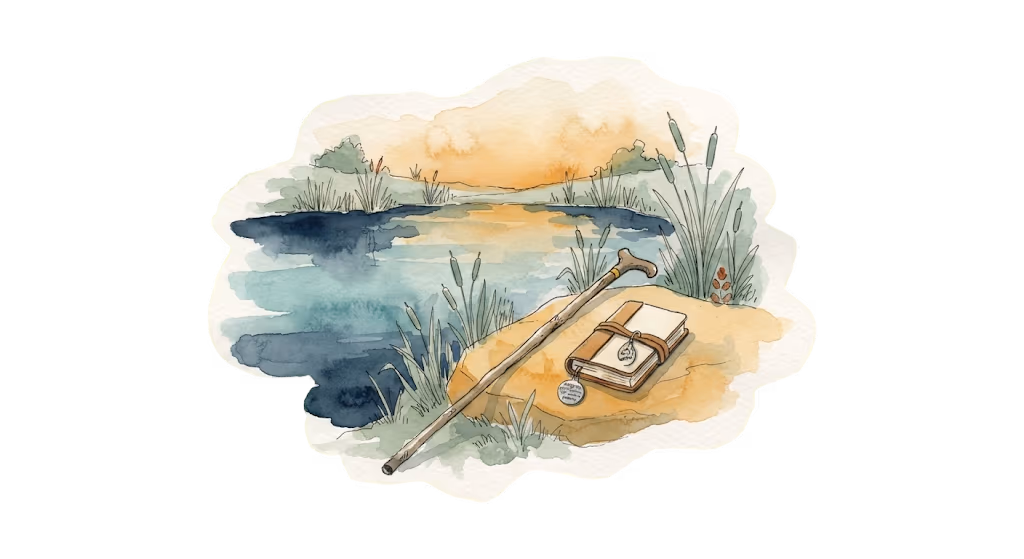 A watercolour illustration — a still pond at dusk, reeds along the bank, calm reflective water.