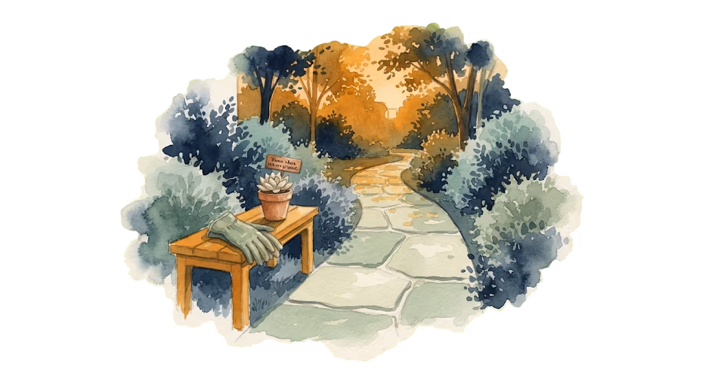 A watercolour illustration — a stone garden path winding through greenery past a small table with a potted plant.