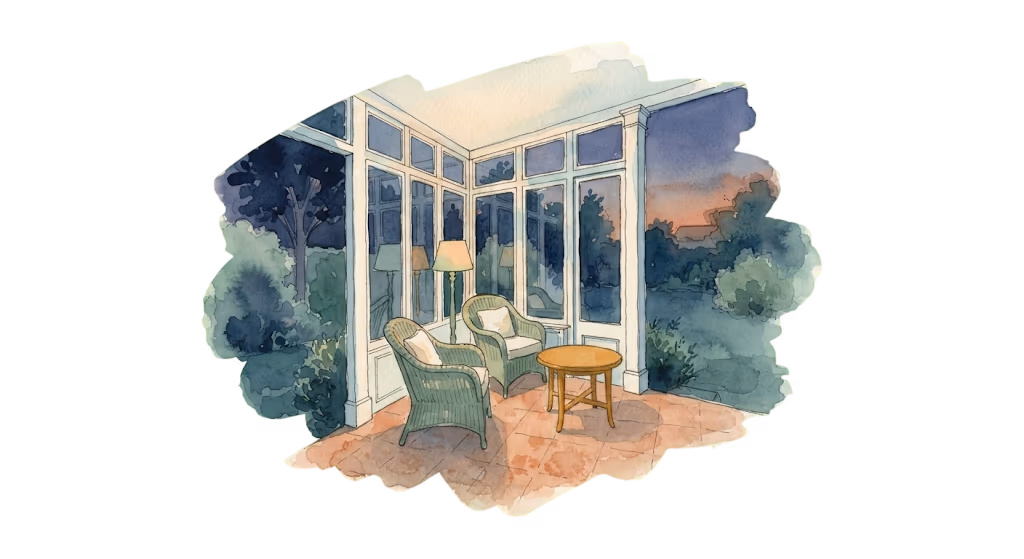 A watercolour illustration — a garden sunroom at dusk, two wicker chairs and a small table beside tall windows opening onto greenery.