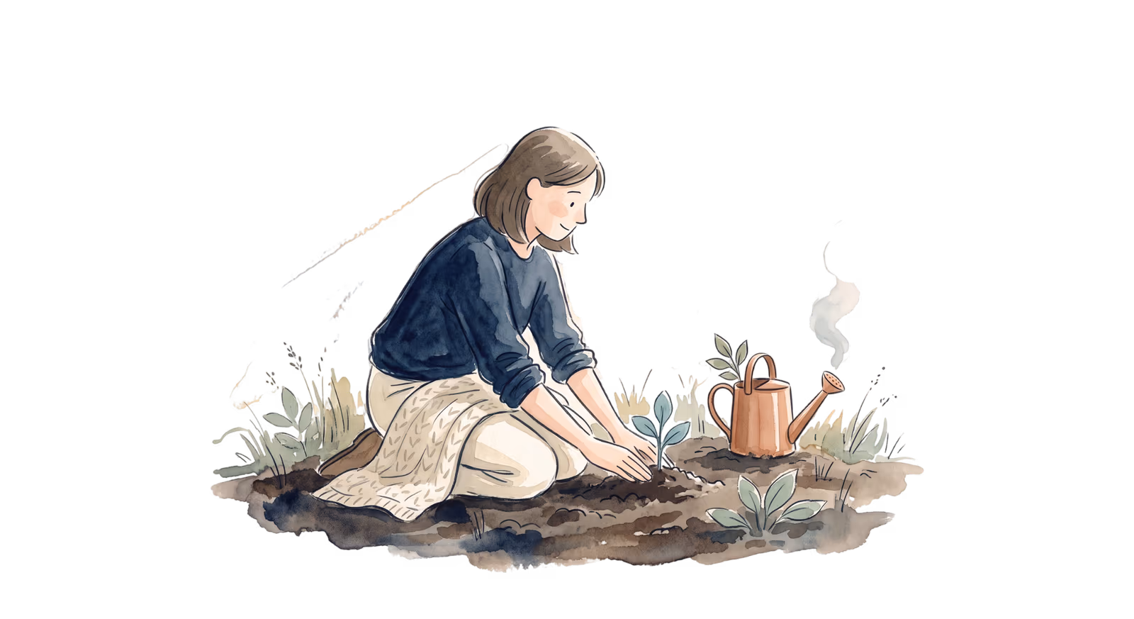 A watercolour illustration — a person kneels in a garden bed, planting a seedling.