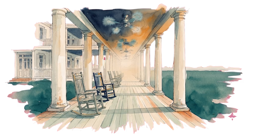 A watercolour illustration — a columned porch lined with rocking chairs, receding toward a calm green lawn.