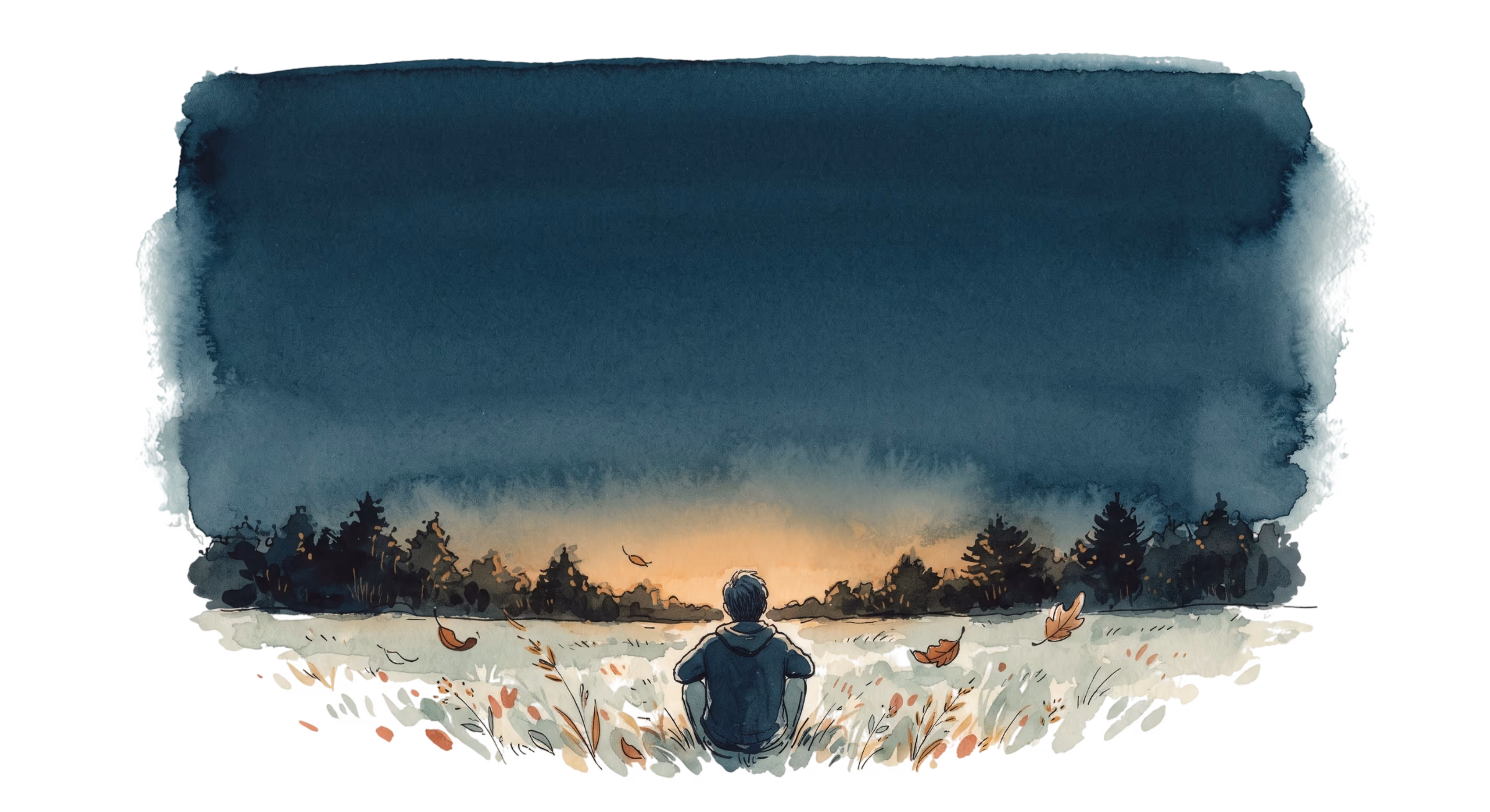 A watercolour illustration — a person sits in a meadow at dusk, facing a warm band of light on the horizon.