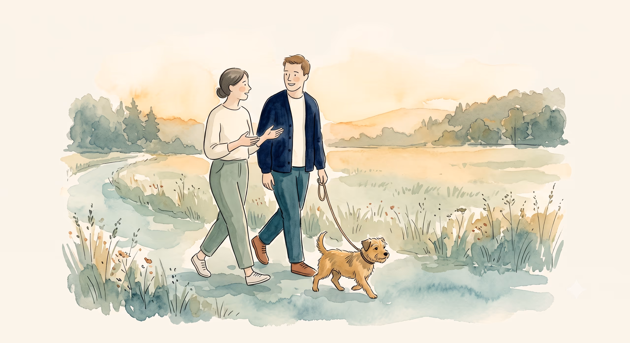 A watercolour illustration — two people walk a small dog along a stream at golden hour, mid-conversation.