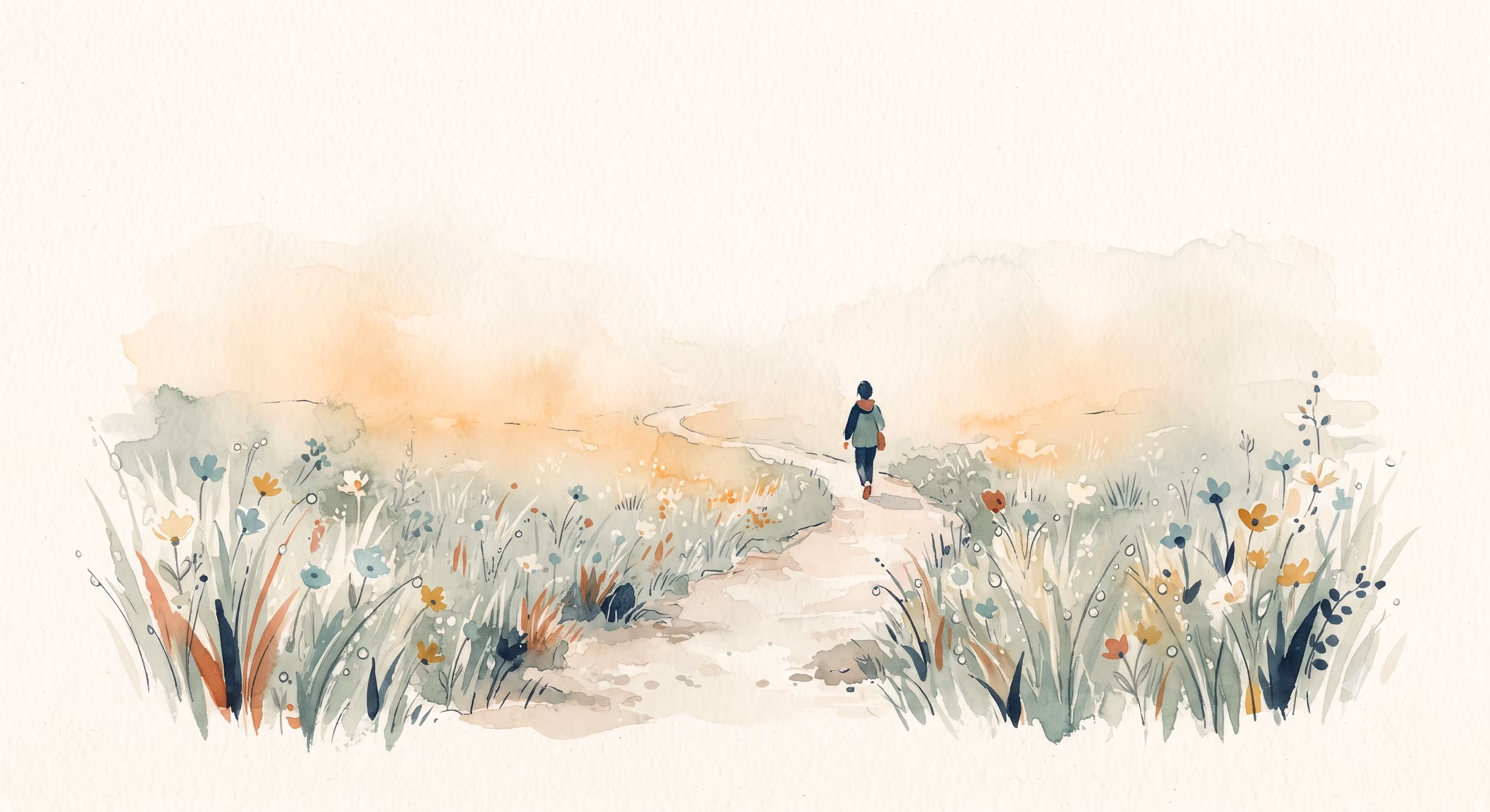 A watercolour illustration — a small figure walks a path through a wildflower meadow toward soft morning light.