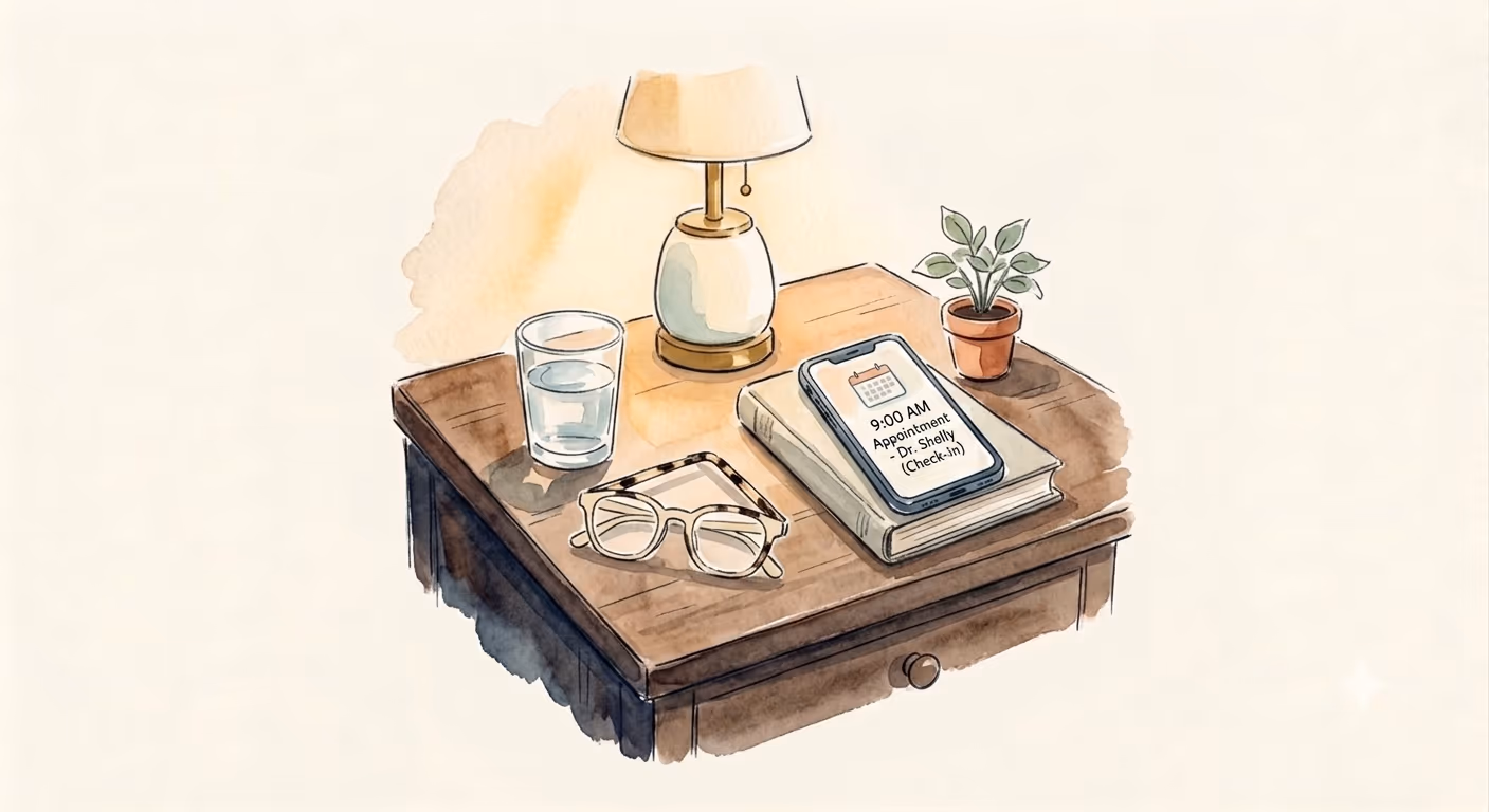 A watercolour illustration — a bedside nightstand at dawn: a lamp, a glass of water, folded glasses, a small plant, and a phone showing a morning appointment reminder.