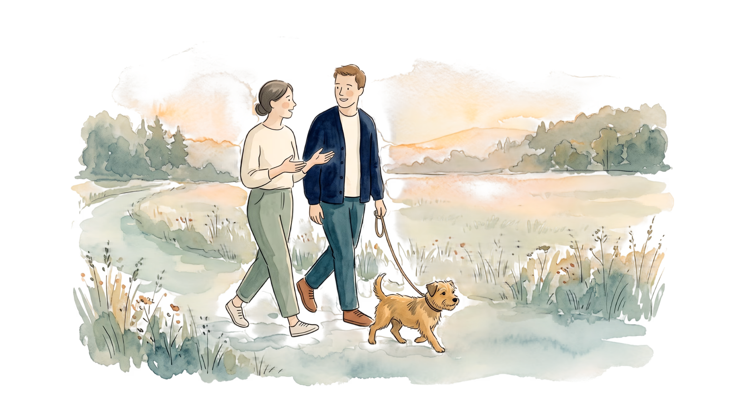 A watercolour illustration — two people walk a small dog along a path through a meadow at dawn, soft light on the horizon.