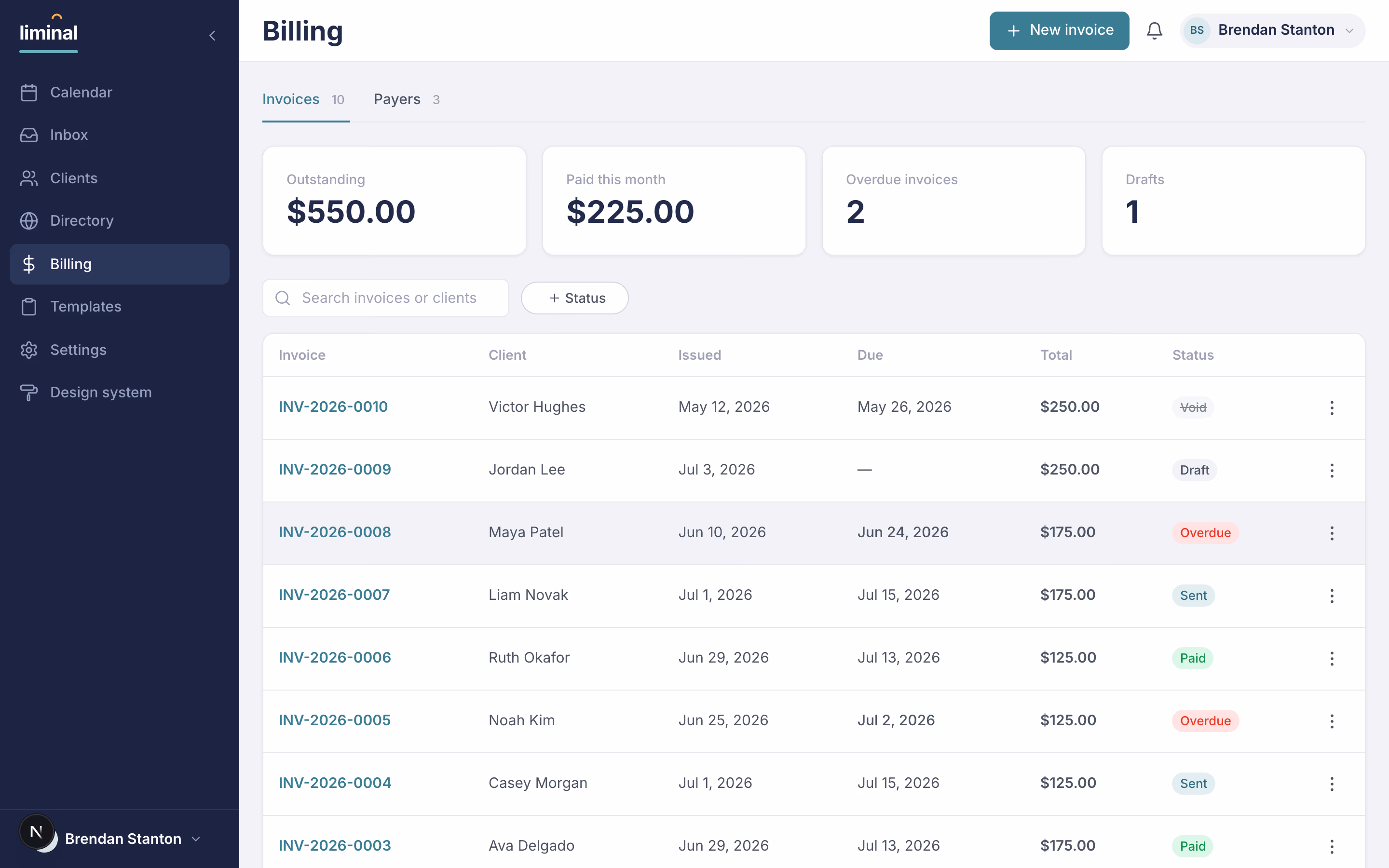 Leuk's billing view — a claim-ready invoice beside the session record.