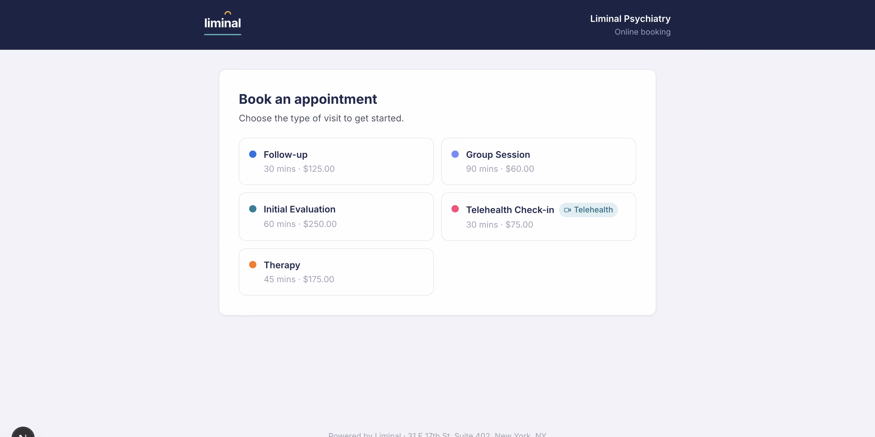Leuk's calendar and booking — a week view with a client self-booking a visit type.