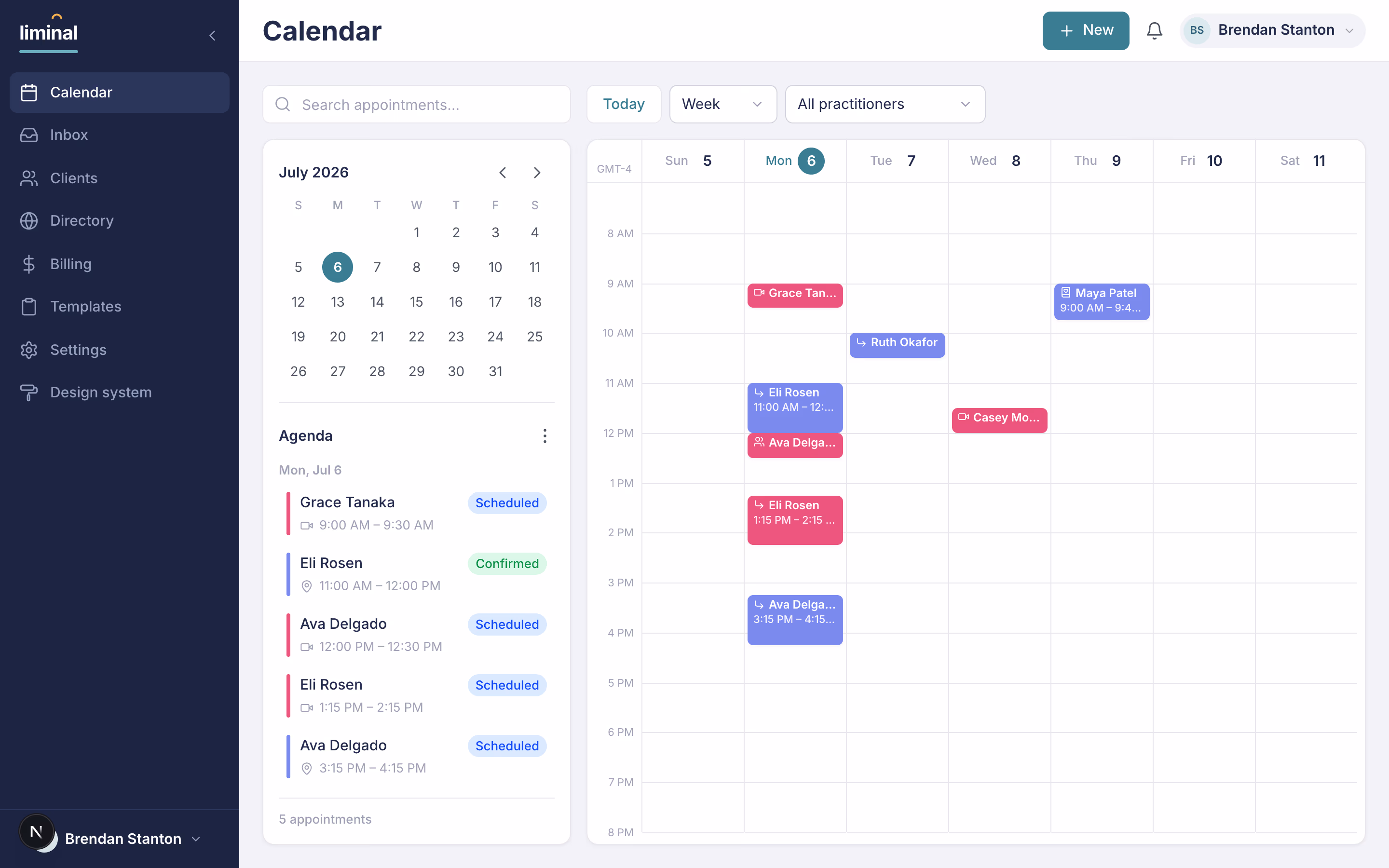 Leuk's calendar — a week of sessions with a client self-booking a visit type.
